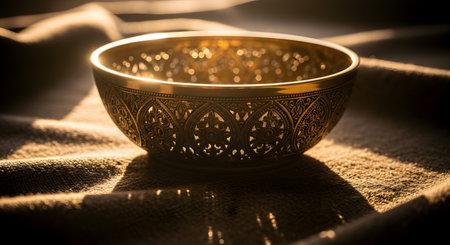 A close-up of an intricately designed golden brass bowl resting on a textured fabric surface. The object is backlit by warm sunlight, which casts long, dramatic shadows and highlights the detailed floral patterns.の素材