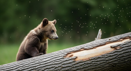 A cute brown bear cub sits on a fallen log in a green forest, curiously watching a swarm of small insects flying nearby. The charming wildlife scene captures the innocence of the young animal in its natural habitat.の素材