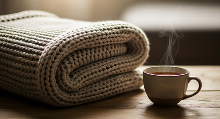 A steaming cup of hot tea sits next to a neatly folded chunky knit sweater or blanket on a wooden table. The image evokes a sense of warmth, comfort, and relaxation, perfect for cold winter or autumn days.の素材
