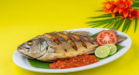 A whole crispy fried fish served on a banana leaf on a white plate with spicy red sambal, lime slices, and tomato. The delicious Indonesian seafood dish is presented against a bright yellow background with tropical flowers.の素材