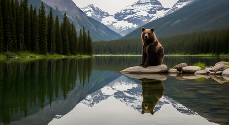 A majestic brown bear sitting on a rock in the middle of a calm lake with a reflection in the water. The background features a dense forest and snow-capped mountains, showcasing wild nature.の素材