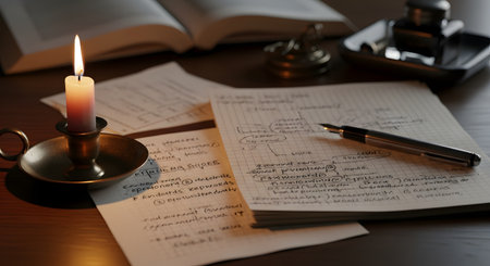 A vintage-style writing desk is illuminated by the warm glow of a single candle, featuring handwritten notes on graph paper and a fountain pen. The moody atmosphere evokes a sense of history, study, and creative writing.の素材