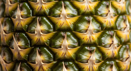 An extreme close-up view capturing the intricate texture and geometric pattern of a ripe pineapple's skin. The image details the hexagonal scales with a mix of green, yellow, and brown hues, highlighting the natural roughness.の素材