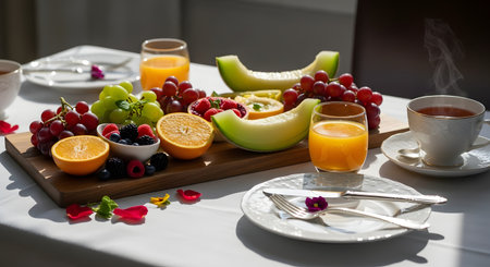 A luxurious breakfast setting featuring a wooden board with sliced melon, oranges, and grapes, accompanied by glasses of orange juice and a cup of steaming tea. The scene is bathed in morning sunlight, creating long shadows on the white tablecloth.の素材