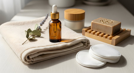 A natural skincare composition featuring an amber dropper bottle a bar of soap and cotton pads on a beige towel. A eucalyptus branch adds a touch of freshness to the spa-like arrangement.の素材