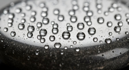 A macro shot capturing clear water droplets resting on a smooth, dark grey stone surface. The water beads create reflections and contrast against the matte texture of the rock, evoking a sense of purity and calm.の素材
