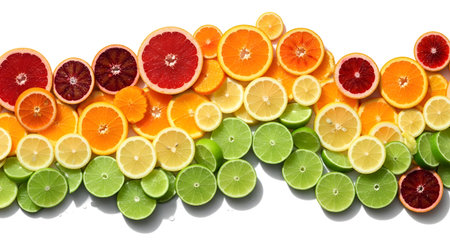 A vibrant flat-lay composition of sliced citrus fruits including oranges, lemons, limes, and grapefruits arranged in a flowing wave pattern. The fresh, colorful slices are set against a plain white background, highlighting healthy nutrition and summer vibes.の素材