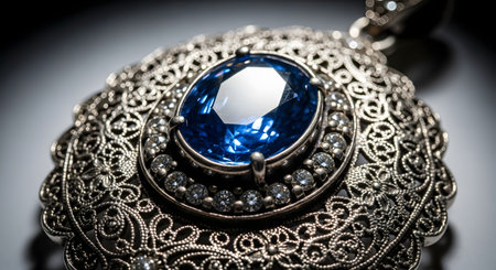 A studio close-up of an intricate vintage silver pendant featuring a large, faceted blue gemstone in the center. The detailed filigree work and sparkling accent stones highlight the craftsmanship and luxury of the antique jewelry piece.の素材