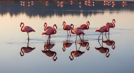A flock of pink flamingos stands in calm water, their figures perfectly reflected on the surface during golden hour. The peaceful scene highlights the elegance of the birds in their natural habitat.の素材