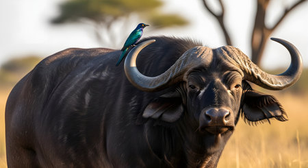 A powerful African buffalo stares directly at the camera while a colorful Superb Starling perches on its back. The image captures the symbiotic relationship between the large herbivore and the bird in a dry savanna landscape.の素材