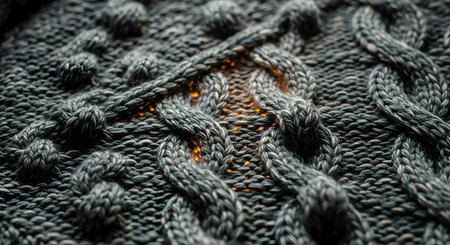 An extreme close-up of grey knitted wool fabric featuring a cable knit pattern. Warm light glows from behind the fabric, illuminating the gaps in the yarn and highlighting the fuzzy texture and intricate craftsmanship of the material.の素材