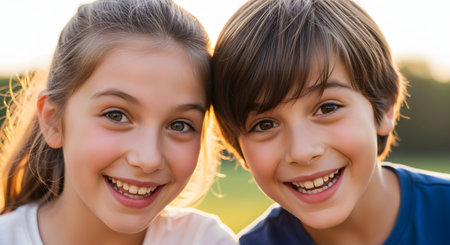 A close-up portrait of a young boy and girl smiling brightly at the camera, backlit by the warm glow of the sun. Their joyful expressions and the soft, natural background capture the essence of a happy childhood and sibling bond.の素材