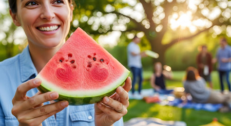 A smiling woman holds a slice of watermelon with cute paw prints carved into the red flesh. The background shows a sunny park scene with friends picnicking, highlighting a fun and creative summer lifestyle.の素材
