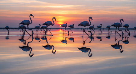A flock of flamingos wades through calm water creating perfect reflections against a vibrant orange and purple sunset sky. The silhouetted birds create a peaceful and artistic wildlife composition.の素材