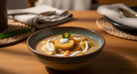 A bowl of Kolak Pisang, a traditional Indonesian dessert made from bananas and sweet potatoes cooked in palm sugar and coconut milk. The warm, creamy dish is garnished with pandan leaf, popular during Ramadan.の素材