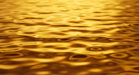 A mesmerizing abstract background of a golden liquid surface with smooth, undulating ripples. The high-contrast reflections and metallic sheen suggest molten gold, oil, or a luxurious textured wallpaper.の素材