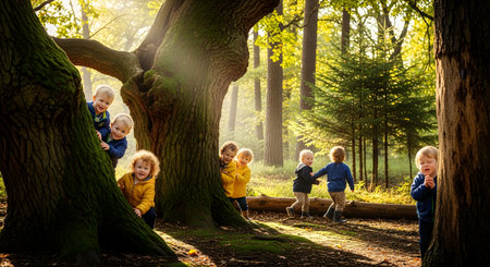 A group of adorable toddlers plays hide and seek behind massive tree trunks in a sunlit forest. The golden autumn light illuminates the scene as the children peek out with happy expressions.の素材