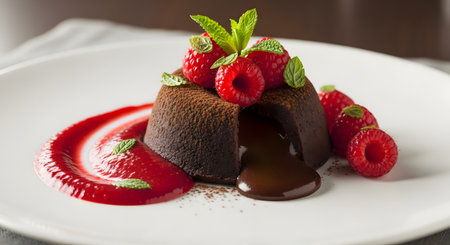 A decadent chocolate lava cake with a molten center sits on a white plate, garnished with fresh raspberries, mint leaves, and berry sauce. The gourmet dessert looks irresistible and is perfect for fine dining menus.の素材