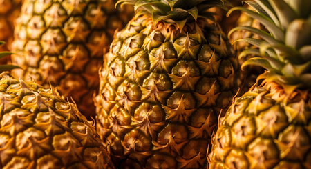 A highly detailed close-up shot of ripe pineapples showing the textured golden-yellow skin and spiky green leaves. The warm lighting highlights the intricate patterns of the fruit segments creating a natural abstract background.の素材