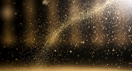 An abstract composition featuring golden particles and bokeh lights drifting against a dark background. The image evokes a sense of magic and luxury, perfect for festive backgrounds or light overlays.の素材
