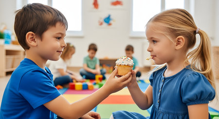 A young boy kindly shares a cupcake with a smiling girl in a classroom or playroom setting. Other children are playing in the background, depicting themes of friendship and sharing.の素材