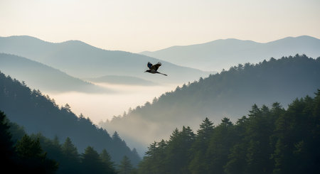 A solitary bird flying gracefully over layers of misty mountains illuminated by the soft morning light. The scenic landscape features rolling hills covered in forests fading into the fog.の素材