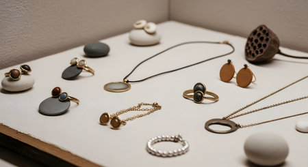 An elegant display of handmade jewelry including rings and necklaces arranged on a textured white surface with decorative stones. The minimalist composition highlights the craftsmanship and natural materials of the accessories.の素材