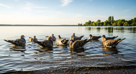A flock of pigeons bathing and splashing in the calm water of a lake during a sunny afternoon. The scene captures the birds interacting with water against a backdrop of distant trees and a clear sky.の素材