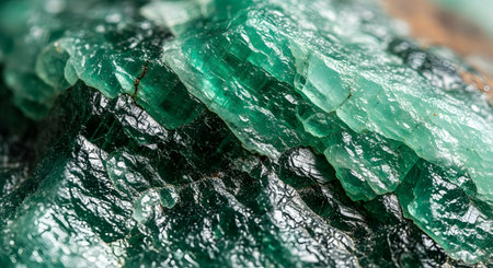 A macro close-up of a raw emerald crystal surface showing intricate natural textures. The rough green gemstone features jagged edges, layers, and mineral details, highlighting its geological origin and beauty.の素材