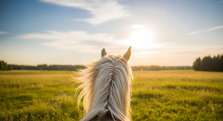 A rear view of a horse's head and flowing mane as it looks out over a lush green meadow towards the setting sun. The golden hour light illuminates the field and the horse's coat, creating a peaceful and free atmosphere in the countryside.の素材