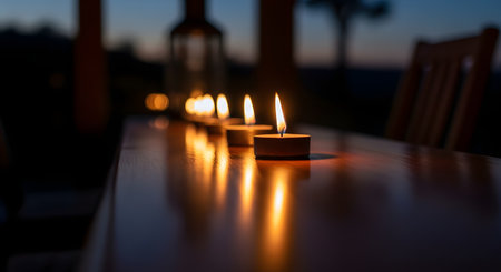 A row of small candles burning brightly on a wooden table during the blue hour of twilight. The warm flames create a romantic and peaceful ambiance against the darkening evening sky.の素材