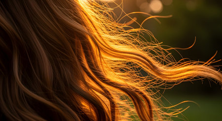 Close-up of long, wavy brown hair illuminated by the golden backlight of a sunset. The hair strands are blowing gently in the wind, creating a warm, dreamy, and natural aesthetic.の素材