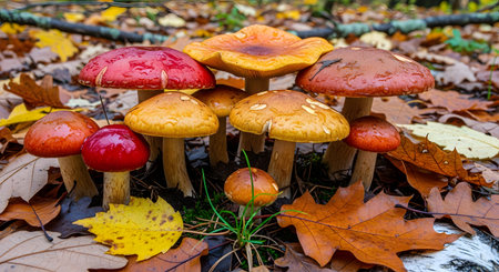 A cluster of wild mushrooms with reddish-brown caps grows on the forest floor, surrounded by fallen autumn leaves. The image captures the damp, earthy texture of the woodland environment during the fall season.の素材