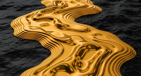 A 3D rendering of molten gold liquid flowing over a rough black rocky surface. The contrast between the shiny metallic fluid and the dark textured background creates a luxurious and abstract artistic visual.の素材