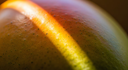 A detailed macro shot of a ripe mango's skin, showcasing the smooth gradient of colors from green to vibrant orange and red. The sunlight highlights the natural texture and pores of the fresh tropical fruit surface.の素材