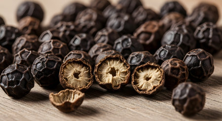 A detailed macro shot displays a heap of black peppercorns, with several cut open to reveal their light-colored inner texture. The image highlights the spice's rugged surface and culinary importance as a seasoning ingredient.の素材