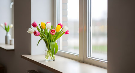 A clear glass vase filled with fresh colorful tulips sits on a wooden windowsill. Bright natural daylight streams through the window, highlighting the yellow, pink, and white blooms against a clean modern interior.の素材