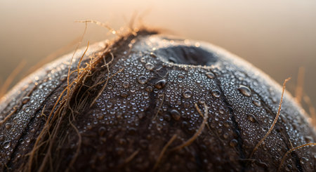 An extreme close-up of a brown coconut shell covered in fresh water droplets. The lighting highlights the hairy texture of the husk and the spherical shape of the dew, creating a detailed natural abstract.の素材