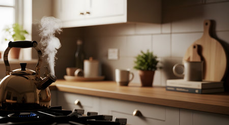 A polished gold-colored whistling kettle sits on a gas stove with steam vigorously rising from the spout, indicating boiling water. The scene is set in a modern kitchen with warm lighting, wooden countertops, and blurred plants in the background, evoking a cozy home atmosphere.の素材