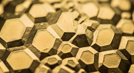 A high-detail macro shot of a gold surface featuring a geometric, nugget-like texture. The faceted shapes reflect light, creating a sense of luxury, wealth, and raw precious metal suitable for abstract or financial backgrounds.の素材