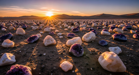 A surreal landscape filled with scattered white and purple geode rocks stretching to the horizon under a golden sunset. The desert-like setting creates a mystical and otherworldly atmosphere.の素材