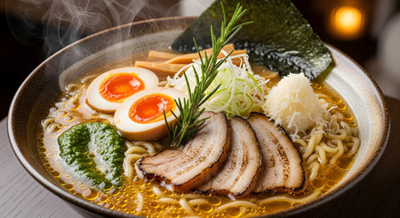 A mouth-watering bowl of Japanese ramen features rich broth, springy noodles, slices of pork chashu, and a soft-boiled egg. Steam rises from the hot dish, garnished with rosemary and green onions.の素材