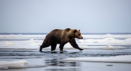 A majestic brown bear walks through shallow water in a snowy, winter landscape. The wild animal is captured in motion against a stark, icy background.の素材
