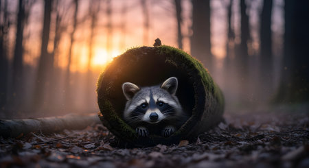 A cute raccoon peeks out from inside a mossy hollow log in a forest setting during the golden hour. The soft, warm backlighting creates a magical and fairytale-like atmosphere around the curious wild animal.の素材