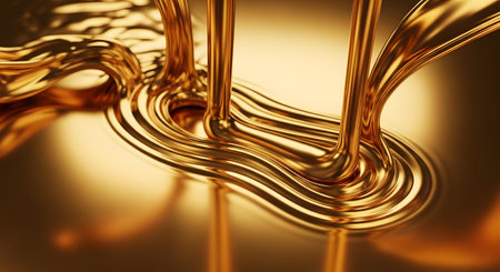Streams of molten liquid gold pour smoothly, creating elegant ripples and pools with a high-gloss metallic sheen. The rich, yellow reflection and fluid motion symbolize wealth, luxury, and industrial refining processes.の素材