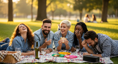 A diverse group of happy friends lies on a checkered blanket in a sunny park, laughing and enjoying sandwiches and drinks during a picnic. The golden sunlight filters through the trees, enhancing the cheerful, social, and relaxed atmosphere of their gathering.の素材