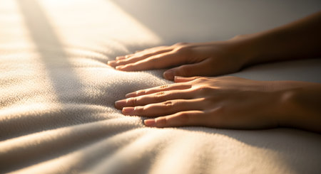 A pair of hands gently presses down on a soft white mattress surface illuminated by warm sunlight coming from the side. The image conveys a sense of comfort softness and quality bedding.の素材