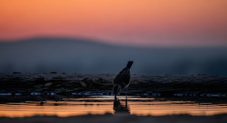 The silhouette of a small bird is captured drinking from a puddle against a backdrop of a soft, orange sunset. The low-angle shot emphasizes the reflection in the water and the peaceful evening mood.の素材
