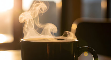 Steam curls elegantly from a hot cup of coffee or tea, backlit by the warm glow of the morning sun. The silhouette of the mug against the bright window creates a cozy and relaxing start to the day.の素材