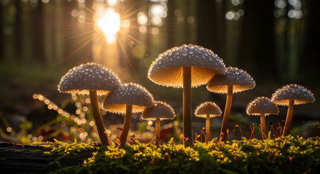 A cluster of delicate mushrooms with translucent caps covered in water droplets grows on a mossy log. The scene is backlit by a golden sunburst creating a magical and ethereal forest atmosphere.の素材